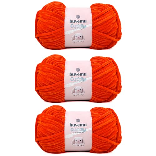 Kuscheliges Samt-Chenille-Garn, super weich, flauschig, sperrig zum Stricken, Häkeln, Decke Amigurumi, langlebig zum Ausfallen, 100 g (100 m) (Deep Orange) (3 Knäuel) von buvemu