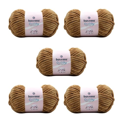 Kuscheliges Samt-Chenille-Garn, super weich, flauschig, sperrig zum Stricken, Häkeln, Decke Amigurumi, langlebig zum Ausfallen, 100 g (100 m) (Karamell) (5 Knäuel) von buvemu