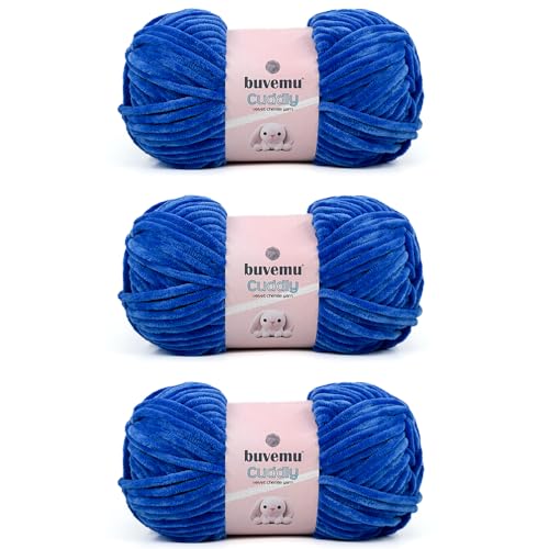 Kuscheliges Samt-Chenille-Garn, super weich, flauschig, sperrig zum Stricken, Häkeln, Decke Amigurumi, langlebig zum Ausfallen, 100 g (100 m) (blau) (3 Knäuel) von buvemu