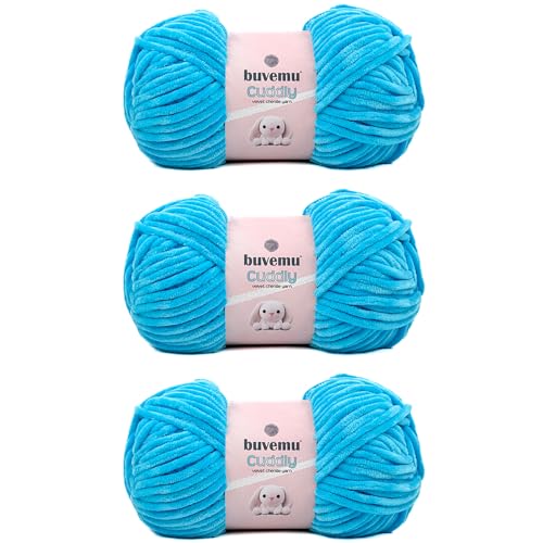 Kuscheliges Samt-Chenille-Garn, super weich, flauschig, sperrig zum Stricken, Häkeln, für Decke, Amigurumi, langlebig zum Ausfallen, 100 g, 100 m (Cyanblau) (3 Knäuel) von buvemu