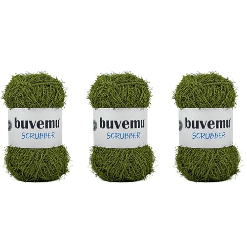 Schrubber Garn zum Häkeln, Stricken, Geschirrtücher, Waschlappen, Bastelartikel, 100 g, 80 Meter (Moos) (Moos) (3 Knäuel) von buvemu
