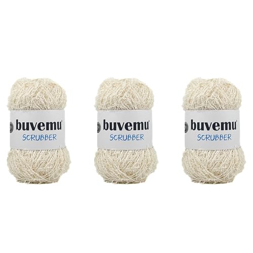 Schrubber Garn zum Häkeln, Stricken, Geschirrtücher, Waschlappen, Bastelartikel, 100 g, 80 Meter (Vanilleweiß) (3 Knäuel) von buvemu