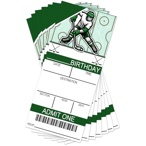 Hockeyticket Geburtstagseinladung, Hockey-Themen-Geburtstagsparty-Einladungskarten für Jungen und Mädchen, Party-Feierbedarf, Hockey-Ticket, 20 Einladungen mit Umschlägen für Geburtstagsfeier - Grün von bxtala