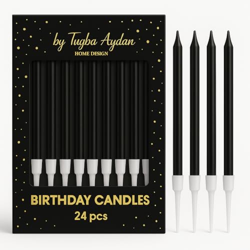 by tugba Aydan - 24 Stück lange dünne schwarze Geburtstagskerzen für Kuchen, metallische Kuchenkerze für Geburtstag, Partykerzen von by tuğba aydan home design