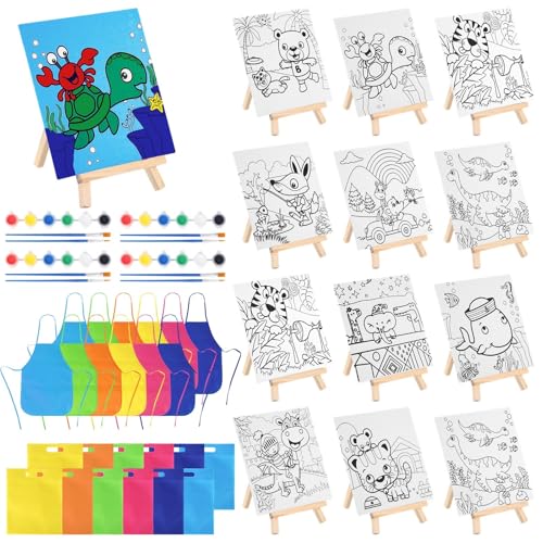 48-teiliges Malset, 12 Mini-Staffeleien, 12 Malsets, 12 Schürzen, 12 Tragetaschen, vorgezeichnete Leinwand, Holzstaffeleien, Pinsel und Farbtöpfe für Kinder-Kunstpartys 48-teiliges Malset, 12 Mini-Staffeleien, 12 Malsets, 12 Schürzen, 12 Tragetaschen, vorgezeichnete Leinwand, Holzstaffeleien, Pinsel und Farbtöpfe für Kinder-Kunstpartys von byepica