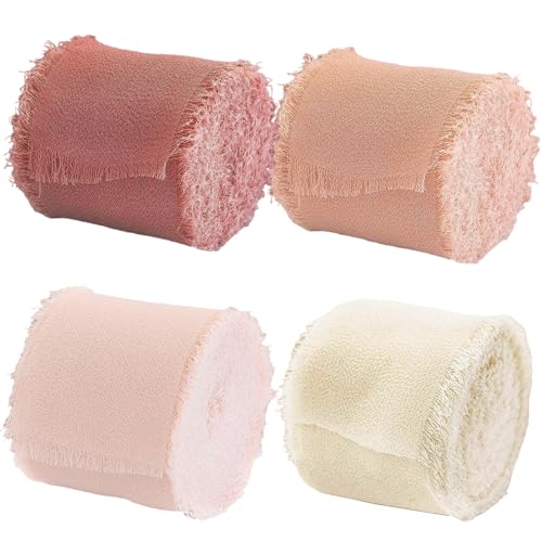 4 Rollen handgefertigtes Chiffonband mit Fransen, 4,5 cm, handgerissen, roh zerrissen, Blumenstraußschärpen, verwendet für Brautsträuße, Dekoration, Geschenkverpackungen (Pink-Serie) von cadelon
