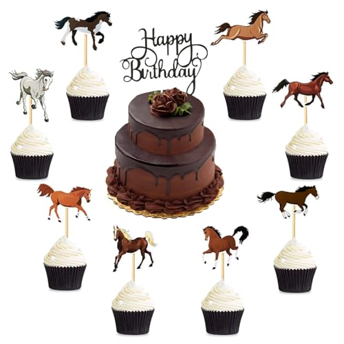 Pferd Cupcake Dekoration mit 1 Schwarz Glitter Happy Birthday Kuchendeko,Pferde Cake Topper Horse Kindergeburtstag Tortendeko Tortenstecker Geburtstag von cadelon