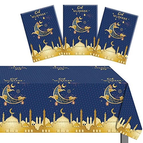 3er-Pack Eid Ramadan Mubarak-Tischdecke Einweg-Dick-Stern-Mond-Tischdecke aus Kunststoff rechteckige Tischdecken für Eid Ramadan-Party-Speisedekorationszubehör von caicainiu