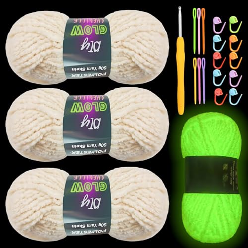 Chenille-Garn, leuchtet im Dunkeln, Anfängergarn zum Häkeln, Basteln, Weben, weiches Chenille-Garn, 50 g/Rolle, 70 m (Beige) von caichuxiye