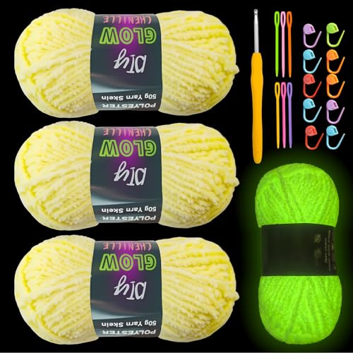 Chenille-Garn, leuchtet im Dunkeln, Anfängergarn zum Häkeln, Basteln, Weben, weiches Chenille-Garn, 50 g/Rolle, 70 m (Hellgelb), 3 Stück von caichuxiye