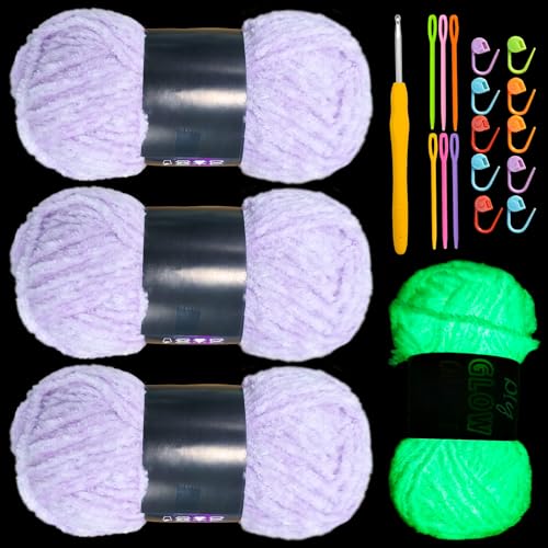 Chenille-Garn, leuchtet im Dunkeln, Anfängergarn zum Häkeln, Basteln, Weben, weiches Chenille-Garn, 50 g/Rolle, 70 m (Lila) von caichuxiye
