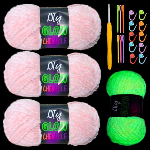 caichuxiye Chenille-Garn, leuchtet im Dunkeln, Anfängergarn zum Häkeln, Basteln, Weben, weiches Chenille-Garn, 50 g/Rolle, 70 m (Rosa) von caichuxiye