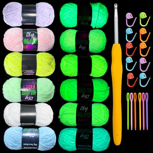 caichuxiye Chenille-Garn, leuchtet im Dunkeln, Anfängergarn zum Häkeln, Basteln, Weben, weiches Chenille-Garn, 50 g/Rolle, 70 m (gemischte Farben) von caichuxiye