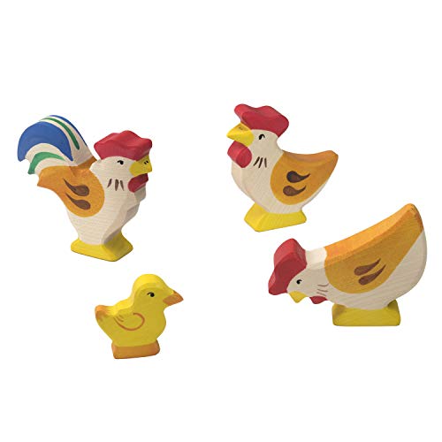 cama24com Holztiger Hahn Hühner und Küken Holzfiguren-Set mit 4 Tierfiguren Bauernhof Holztiere mit Palandi® Sticker von cama24com