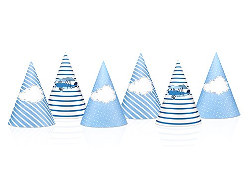 cama24com Partyhüte Geburtstags-Hüte mit Flugzeug und Wolken für Kindergeburtstag 6 Stück mit Palandi® Sticker von cama24com