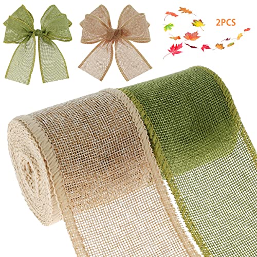 camouflage net 2 Rollen Juteband, Vintage Leinen Dekoband Geschenkband, Stoffband für Party Geschenke Handwerk Dekoration, Warme Weihnachten, 5m/Rolle, 6cm Breit(Beige + Grün) von camouflage net