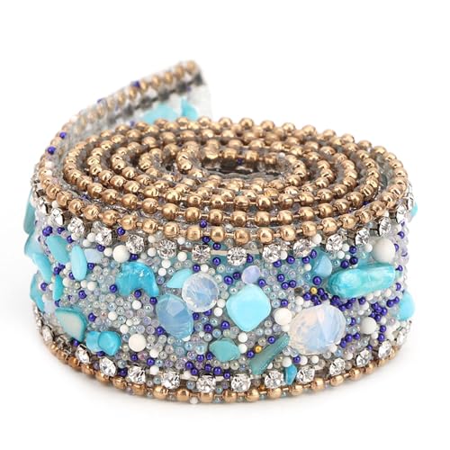 Kristall Strasssteine ​​Kettenverkleidung Ribbon Rolle, 2,5 cm DIY Mesh Wrap Roll Crystal Sparkling Perlen Verkleidung für Handwerksschläfer Kleidung (Blue stone + gold bead diamond chain) von cardyven