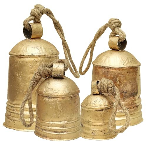 Rustikale Weihnachtsglocken aus Metall, groß, zum Aufhängen, Messing-Gold, Kuhglocken mit Juteseil, Bauernhaus-Wand-, Veranda- und Urlaubsdekoration, 4 Stück Rustikale Weihnachtsglocken aus Metall, groß, zum Aufhängen, Messing-Gold, Kuhglocken mit Juteseil, Bauernhaus-Wand-, Veranda- und Urlaubsdekoration, 4 Stück von carfar