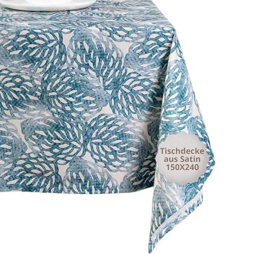 casaviva® Hochwertige Satin-Tischdecke, wasserabweisend, bügelfrei, schmutzabweisend, elegant und modern für Partys und Bankette (Ocean Blue Folium, 150 x 240) von casaviva
