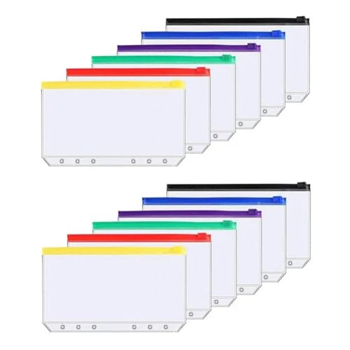 casstaly 12 Stück A6 6-Loch-Ordnertaschen, Wasserdichte PVC-Budgetumschläge, Reißverschluss-Ordnertaschen für Notebook-Planer, Reiseordner von casstaly