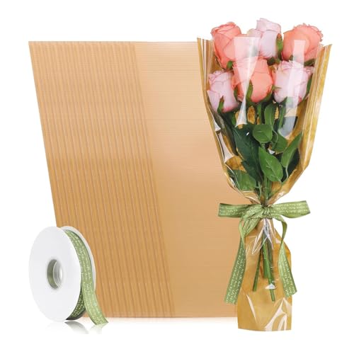 casstaly 50 Stück Blumenverpackungsbeutel mit Band, Kraftpapier-Blumenverpackungs-Blumenstraußbeutel, Geeignet für Hochzeit, Geburtstag von casstaly