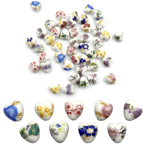 45 Stück herzförmige Porzellanperlen für Schmuckherstellung, Keramikperlen mit Blumendruck 45 Stück herzförmige Porzellanperlen für Schmuckherstellung, Keramikperlen mit Blumendruck von catgol