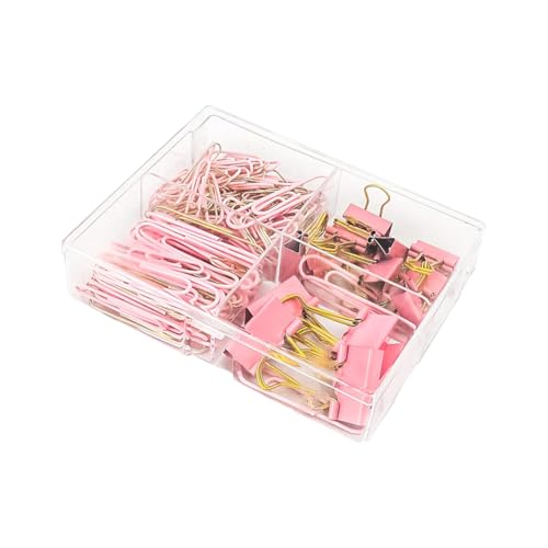 155-teiliges Büroklammer-Set, verschiedene Größen, Binderklammern, Bonbonfarben, Büroklammern, Dokumenten-Organisation, Binderklammern mit Behälter, Rosa von ccHuDE