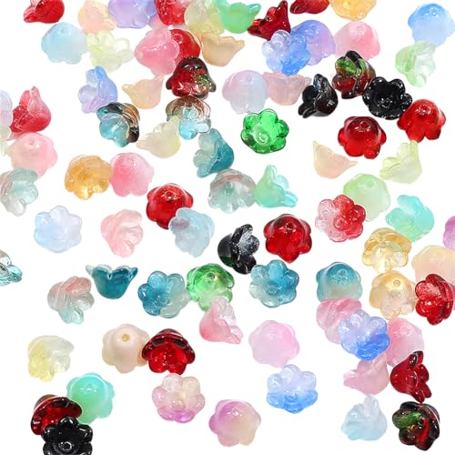 Bunte Glasblumen-Perlen, niedliche Kristall-Abstandshalter, kleine Trompetenblüten, Armbänder, ästhetische Charms mit Loch für Halsketten, Ohrringe, 100 Stück Bunte Glasblumen-Perlen, niedliche Kristall-Abstandshalter, kleine Trompetenblüten, Armbänder, ästhetische Charms mit Loch für Halsketten, Ohrringe, 100 Stück von ccHuDE
