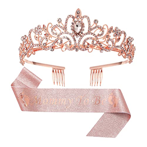 ccHuDE 2 Stück Mommy to Be Schärpe Krone Babyparty Schärpe Tiara Schwangere Mama Schärpe Strass Party Krone Mom to Be Dekorationen für Frauen Mutter Rose Gold von ccHuDE