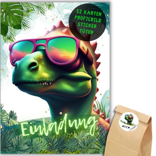 12x Dino Einladungskarten - Für den Kindergeburtstag von Jungen & Mädchen - Coole Party Dinosaurier Geburtstagseinladungen +12 Sticker + 12 Geschenktüten von celebr8te