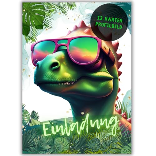 12x Dino Einladungskarten - Für den Kindergeburtstag von Jungen & Mädchen - Coole Party Dinosaurier Geburtstagseinladungen inkl. Messenger Bild & Urlaubsgutschein von celebr8te