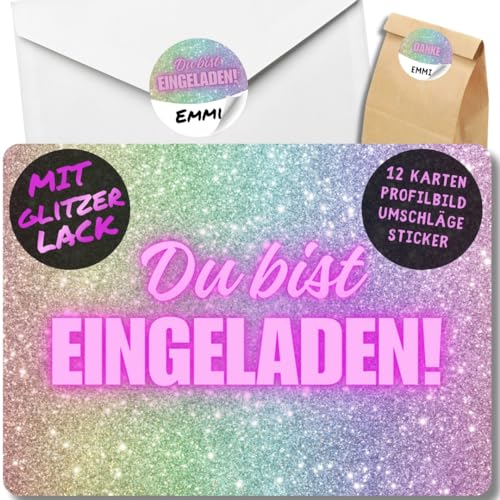 12x Glitzer Party Einladungskarten - Für den Kindergeburtstag von Mädchen - coole Glitzer Geburtstagseinladungen +12 Umschläge +24 Sticker +12 Geschenktüten 12x Glitzer Party Einladungskarten - Für den Kindergeburtstag von Mädchen - coole Glitzer Geburtstagseinladungen +12 Umschläge +24 Sticker +12 Geschenktüten von celebr8te