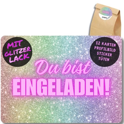 12x Glitzer Party Einladungskarten - Für den Kindergeburtstag von Mädchen - coole Glitzer Geburtstagseinladungen +12 Sticker +12 Geschenktüten 12x Glitzer Party Einladungskarten - Für den Kindergeburtstag von Mädchen - coole Glitzer Geburtstagseinladungen +12 Sticker +12 Geschenktüten von celebr8te