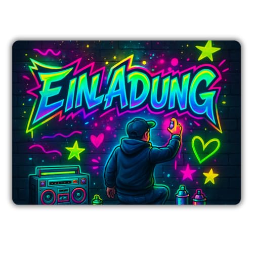 12x Graffiti Einladungskarten Nr.6 - Für den Kindergeburtstag von Jungen & Mädchen - Neon Graffiti Geburtstagseinladungen inkl. Messenger Bild & Urlaubsgutschein 12x Graffiti Einladungskarten Nr.6 - Für den Kindergeburtstag von Jungen & Mädchen - Neon Graffiti Geburtstagseinladungen inkl. Messenger Bild & Urlaubsgutschein von celebr8te