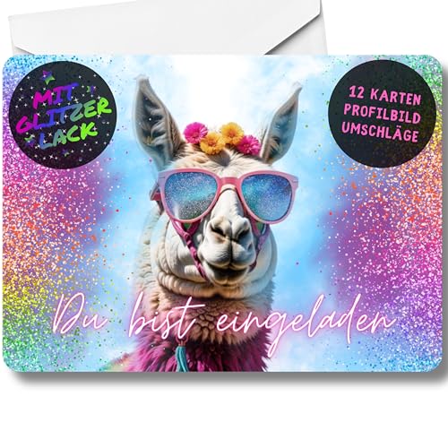 celebr8te 12x Party Lama Glitzer Einladungskarten - Für den Kindergeburtstag von Mädchen - Lustige Alpaka Geburtstagseinladungen +12 Umschlägen (weiß) von celebr8te