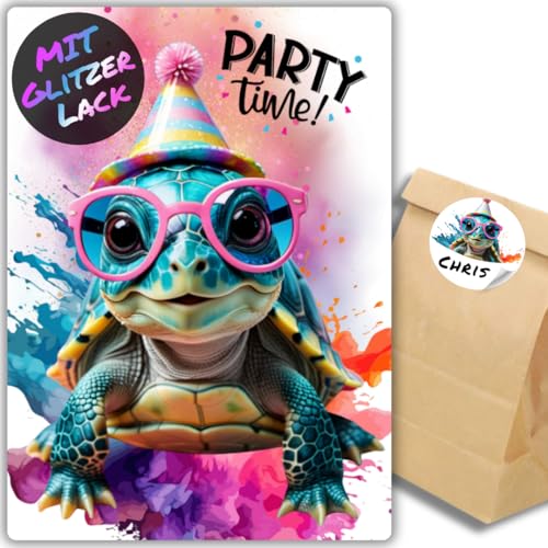 12x Party Schildkröten Glitzer Einladungskarten - Teenager Kindergeburtstag Jungen & Mädchen - coole Tier Geburtstagseinladungen +12 Sticker +12 Geschenktüten 12x Party Schildkröten Glitzer Einladungskarten - Teenager Kindergeburtstag Jungen & Mädchen - coole Tier Geburtstagseinladungen +12 Sticker +12 Geschenktüten von celebr8te