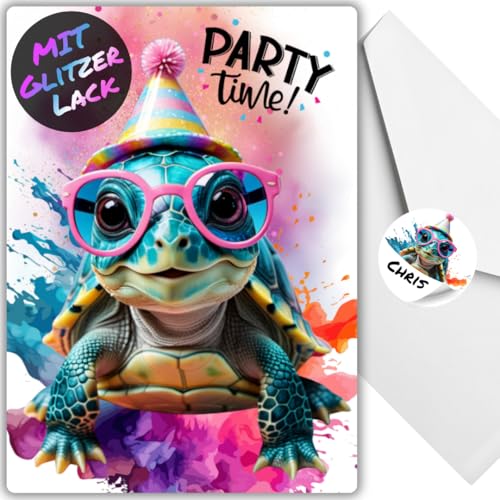 12x Party Schildkröten Glitzer Einladungskarten - Teenager Kindergeburtstag Jungen & Mädchen - coole Tier Geburtstagseinladungen +12 Umschläge +12 Sticker 12x Party Schildkröten Glitzer Einladungskarten - Teenager Kindergeburtstag Jungen & Mädchen - coole Tier Geburtstagseinladungen +12 Umschläge +12 Sticker von celebr8te