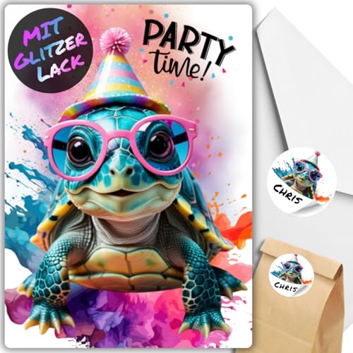 12x Party Schildkröten Glitzer Einladungskarten - Teenager Kindergeburtstag Jungen & Mädchen - coole Tier Geburtstagseinladungen +12 Umschläge +24 Sticker +12 Geschenktüten 12x Party Schildkröten Glitzer Einladungskarten - Teenager Kindergeburtstag Jungen & Mädchen - coole Tier Geburtstagseinladungen +12 Umschläge +24 Sticker +12 Geschenktüten von celebr8te