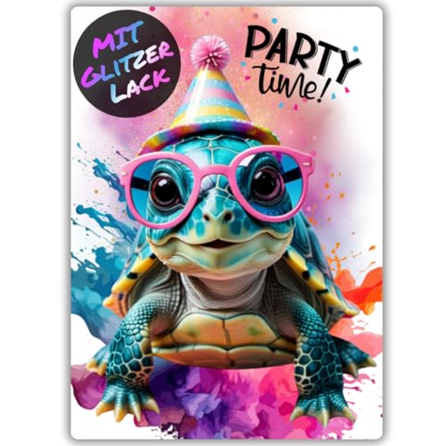 12x Party Schildkröten Glitzer Einladungskarten - Teenager Kindergeburtstag Jungen & Mädchen - coole Tier Geburtstagseinladungen inkl. Messenger Bild & Urlaubsgutschein von celebr8te