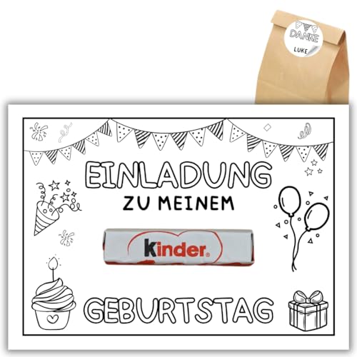 12x kreative Kinder Einladungskarten - Für den Kindergeburtstag von Jungen & Mädchen zum selbst gestalten - DIY Partyeinladungen für Geburtstage - Kinder Schoki Beispiel +12 Sticker +12 Geschenktüten von celebr8te