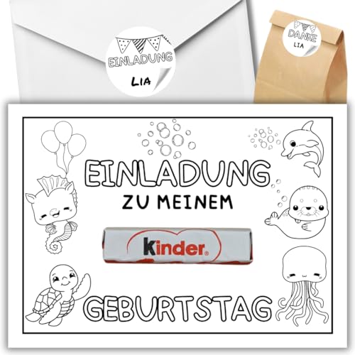 12x kreative Meerestiere DIY Einladungskarten - Für den Kindergeburtstag von Jungen & Mädchen zum selbst gestalten - Partyeinladungen für Geburtstage +12 Umschläge +24 Sticker +12 Geschenktüten von celebr8te