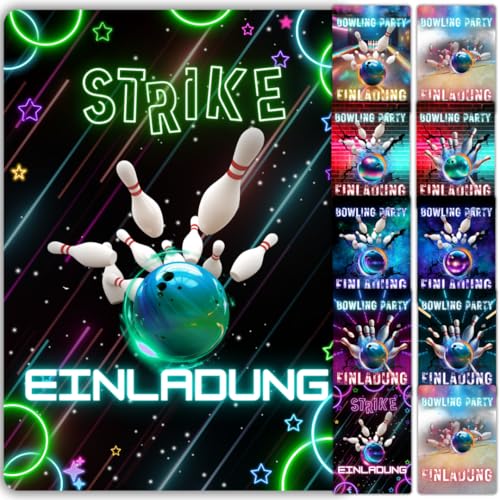 celebr8te 11 x Bowling Einladungskarten - Für den Kindergeburtstag von Jungen & Mädchen - Coole Partyeinladungen für Geburtstage +12 Umschläge +24 Sticker +12 Geschenktüten von celebr8te