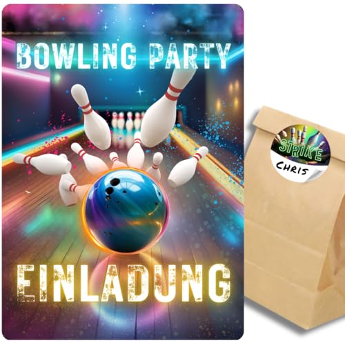 celebr8te 12x Bowling Einladungskarten - Für den Kindergeburtstag von Jungen & Mädchen - Coole Partyeinladungen für Geburtstage +12 Sticker +12 Geschenktüten von celebr8te