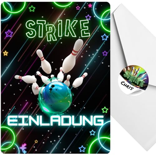 celebr8te 12x Bowling Einladungskarten - Für den Kindergeburtstag von Jungen & Mädchen - Coole Partyeinladungen für Geburtstage +12 Umschläge +12 Sticker von celebr8te
