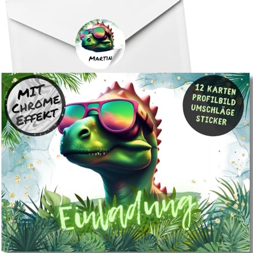 celebr8te 12x Dino Einladungskarten - Für den Kindergeburtstag von Jungen & Mädchen - Coole Party Dinosaurier Chrom Geburtstagseinladungen +12 Umschläge +12 Sticker celebr8te 12x Dino Einladungskarten - Für den Kindergeburtstag von Jungen & Mädchen - Coole Party Dinosaurier Chrom Geburtstagseinladungen +12 Umschläge +12 Sticker von celebr8te