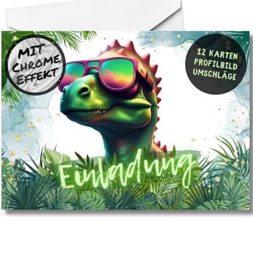 celebr8te 12x Dino Einladungskarten - Für den Kindergeburtstag von Jungen & Mädchen - Coole Party Dinosaurier Geburtstagseinladungen mit hochwertiger Chrom Verarbeitung von celebr8te