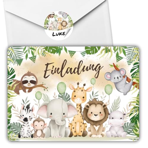 celebr8te 12x Dschungel Tiere Einladungskarten - Für den Kindergeburtstag von Jungen & Mädchen - Coole Partyeinladungen +12 Umschläge +12Sticker von celebr8te