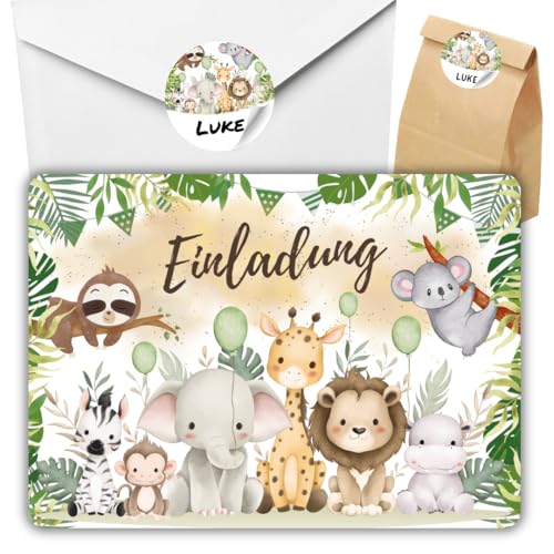 celebr8te 12x Dschungel Tiere Einladungskarten - Für den Kindergeburtstag von Jungen & Mädchen - Coole Partyeinladungen für Geburtstage +12 Umschläge +24 Sticker +12 Tüten von celebr8te