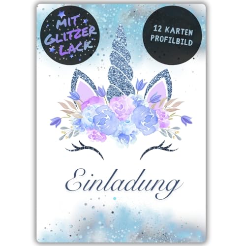 celebr8te 12x Einhorn Glitzer Einladungskarten in blau - Für den Kindergeburtstag von Mädchen - Einhorn Geburtstagseinladungen inkl. Messenger Bild & Urlaubsgutschein von celebr8te
