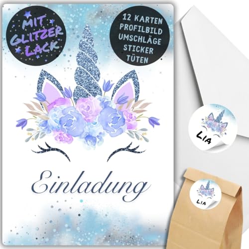 celebr8te 12x Einhorn Glitzer Einladungskarten in blau - Für den Kindergeburtstag von Mädchen - Einhorn Geburtstagseinladungen +12 Umschläge +24 Sticker +12 Geschenktüten celebr8te 12x Einhorn Glitzer Einladungskarten in blau - Für den Kindergeburtstag von Mädchen - Einhorn Geburtstagseinladungen +12 Umschläge +24 Sticker +12 Geschenktüten von celebr8te